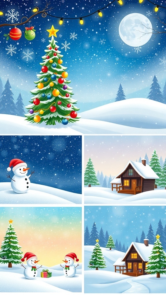 Festive Christmas Background Drawings A vibrant collection of Christmas drawings featuring trees, snowmen, and holiday decorations.